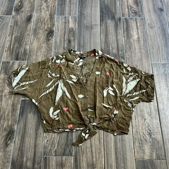 express green button tie front floral Hawaiian size small - Picture 1 of 5